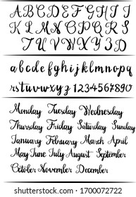 hand lettering alphabet for calendars, bullet journal with weekdays and months