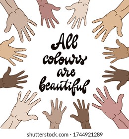 hand lettering anti racist quote decorated with people's arms of different skin tone. Humanity, anti discrimination poster, print, banner, card, sign, etc. EPS 10