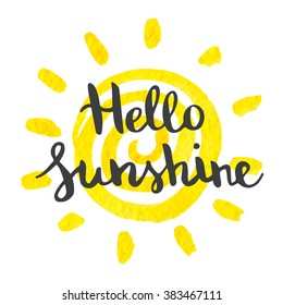 Hand lettering art piece hello sunshine on the watercolor background of yellow sun. Vector element for design postcards, invitations and other.