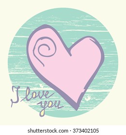 Hand lettering art piece I love You with hand drawn heart on the wooden background. 100%-Vector easy for use and edit. Vector design element for valentines day, save the date, wedding stationary.