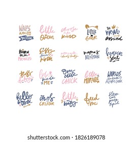 Hand lettering. Baby t-shirt quote. Feed me. Little baby. One little chick. Little bear. Naps are for quitters. Chaos creator