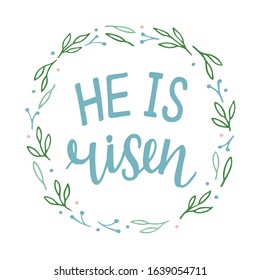 Hand lettering Bible Verse He is risen. Biblical background. Sunday. Christian poster. New Testament. Scripture print. Graphics. Celebrate Easter