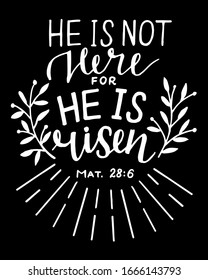 Hand lettering Bible Verse He is risen. Biblical background. Sunday. Christian poster. New Testament. Scripture print. Graphics. Celebrate Easter