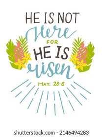 Hand lettering Bible Verse He is risen. Biblical background. Sunday. Christian poster. New Testament. Scripture print. Graphics. Celebrate Easter