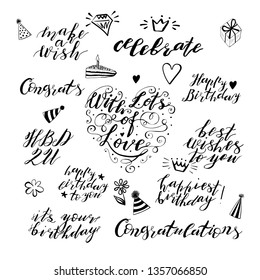 Hand lettering birthday wishes phrases set in black isolated on white background. Handwritten text. Stock vector illustration.