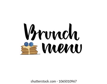 Hand lettering "Brunch menu" with pancakes with blueberries and syrup illustration