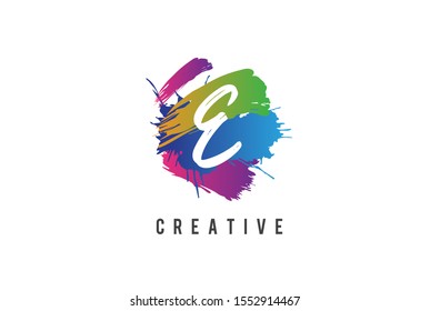 Hand lettering brush initial letter E inside colorful paintbrush template design