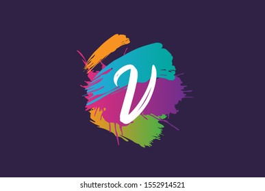 Hand lettering brush initial letter v with colorful paintbrush on dark background template design