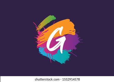 Hand lettering brush initial letter g with colorful paintbrush on dark background template design