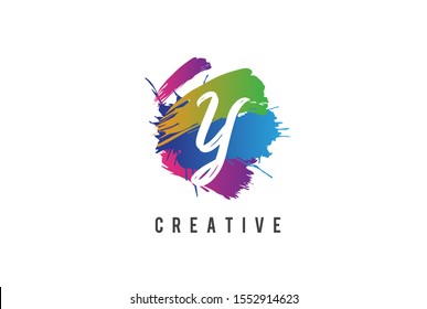 Hand lettering brush initial letter y inside colorful paintbrush template design