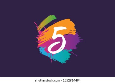 Hand lettering brush initial number 5 with colorful paintbrush on dark background template design