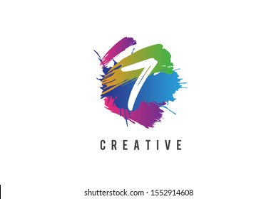 Hand lettering brush initial number 7 inside colorful paintbrush template design