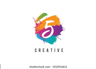 Hand lettering brush initial number 5 inside colorful paintbrush template design