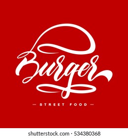 Hand lettering burger food logo design concept isolated on red background. Web infographic fast-food restaurant menu pictogram. Premium quality modern calligraphy snack bar vector emblem illustration.