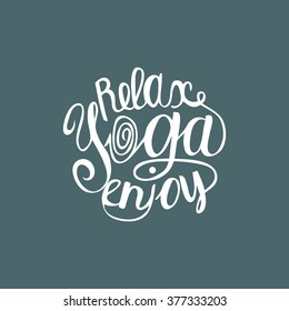 Hand lettering calligraphic inspiration poster with cartoon rabbits doing yoga poses.  Enjoy yoga poster or postcard. Vector illustration. 