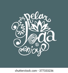 Hand lettering calligraphic inspiration poster with cartoon rabbits doing yoga poses.  Enjoy yoga poster or postcard. Vector illustration. 