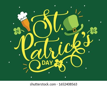 Hand Lettering/ Calligraphy/ Typography Text "St. Patrick's Day" on Creative Background. 17th March. Vector Illustration.