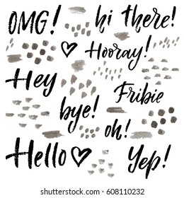 Hand Lettering Catchwords Set. Hello, Hey, Bye, Omg, Hooray, Fribie, Oh, Yep, Hi There.