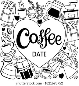 Hand lettering coffee in a heart with coffee accessories, appliances, leaves and grains.