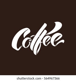Hand lettering coffee logo design concept on dark background. Web infographics restaurant logotype pictogram. Premium quality modern calligraphy cafe vector emblem illustration.
