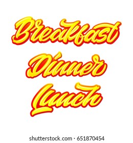 Hand lettering collection for menu. Breakfast, Dinner, Lunch - words in Handmade vector calligraphy set