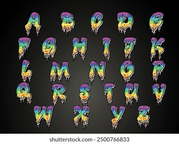 Hand lettering colorful Graffiti alphabets with liquid dripping effect