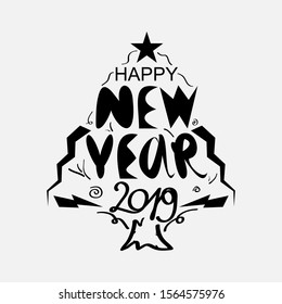 Hand lettering composition of Happy New Year 2019. Christmas tree spruce logo on white background. Modern design. Fashion print for clothes, cards, picture banner for websites. Vector illustration