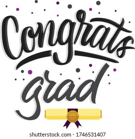 Hand Lettering congrats grad with illustration of master hat. Modern calligraphy.