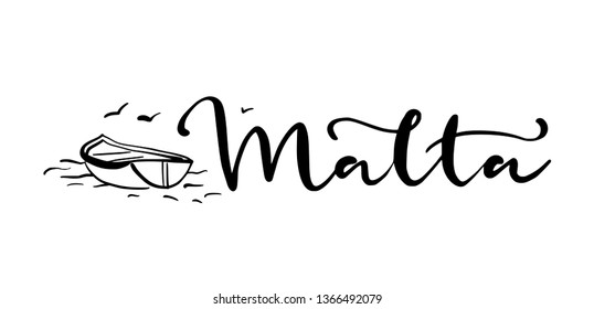 Hand lettering of country Malta with sketch of boat with seagulls. Modern brush calligraphy. Hand drawn ornament for wrapping paper