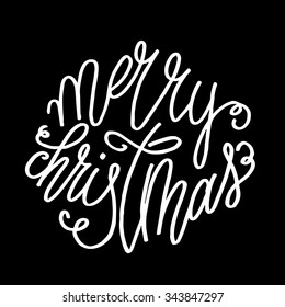 Hand lettering curly Merry Christmas inscription, white script text isolated on black background. Vector illustration.