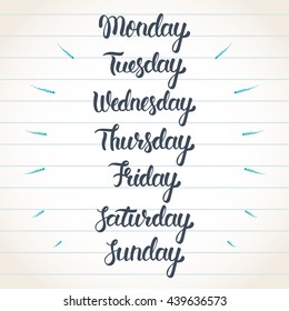 Hand lettering days of the week. Calligraphic set in dark blue ink. Vector illustration