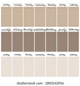 Hand Lettering Days of Week Monday, Tuesday, Wednesday, Thursday, Friday, Saturday, Sunday. Modern Calligraphy Isolated on White Background. illustration. Weekly planner template set.