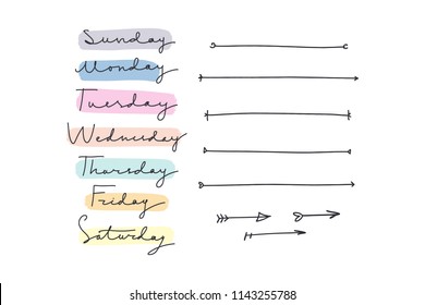 Hand lettering days of week: Sunday, Monday, Tuesday, Wednesday, Thursday Friday, Saturday. Text borders. Stickers for planner, journal and other. Vector image, clipart, editable details.