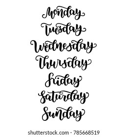 Hand Lettering Days of Week Sunday, Monday, Tuesday, Wednesday, Thursday, Friday, Saturday . Modern Calligraphy Isolated on White Background. Vector illustration. Brush ink handlettering for schedule.