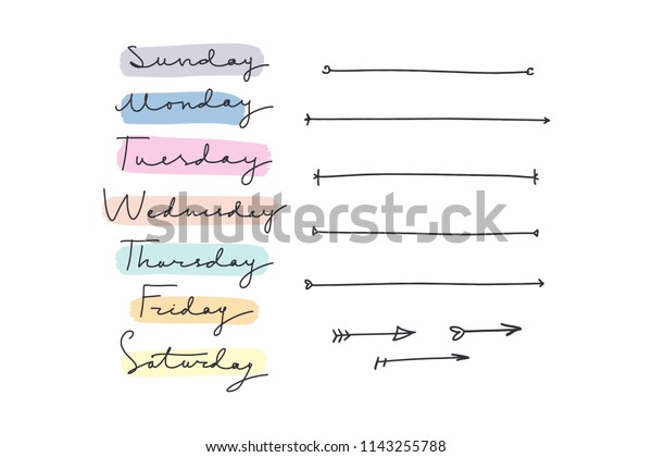 手書きの曜日 日曜 月曜 火曜 水曜 木曜日 金曜 土曜日 テキストの罫線プランナ 仕訳帳などのステッカー ベクター画像 クリップアート 編集可能な詳細 のベクター画像素材 ロイヤリティ フリー