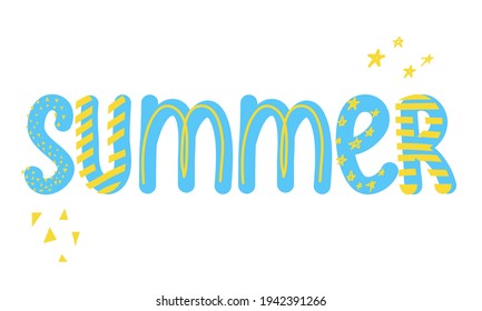 Diseño de papel para postales, camisetas o venta de verano. Grabado a mano azul y amarillo con elementos decorativos - estrellas y triángulos. Ilustración vectorial para impresiones y banderas de verano