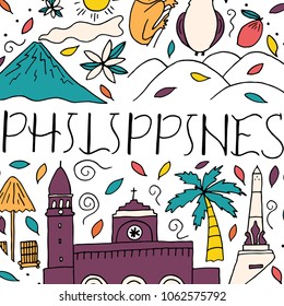 Hand lettering and doodle elements of Philippines. Culture and architecture print. 