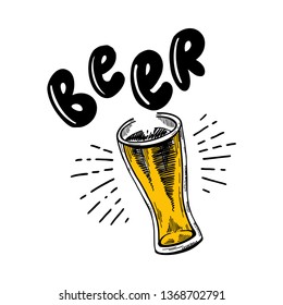 Hand Lettering Drink beer in a glass. In vector, on white background