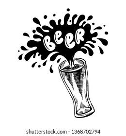 Hand Lettering Drink beer in a glass. In vector, with a splash, on white background