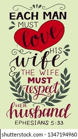 Hand lettering Each man must love his wife. Biblical background. Christian poster. Scripture print. Modern calligraphy. Card. Motivational quote. Bible verse. Vintage