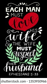 Hand lettering Each man must love his wife. Biblical background. Christian poster. Scripture print. Modern calligraphy. Card. Motivational quote. Bible verse. Vintage