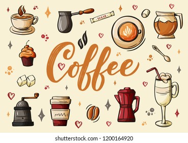 Hand lettering ellements in sketch style for coffee shop or cafe. Hand drawn vintage cartoon design, isolated on background. Vector