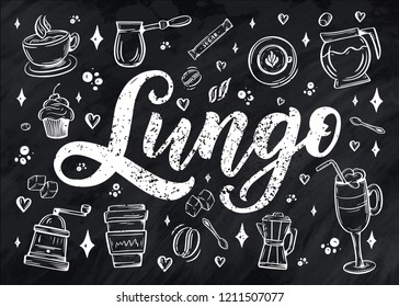 Hand lettering ellements in sketch style for coffee shop or cafe. Hand drawn vintage cartoon design, isolated on background. Vector