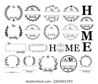 Hand lettering Family name monogram split set monogram the family welcome home sign wedding floral ornament wreath border frame greeting card invitation