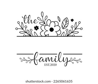 Hand lettering Family name monogram split monogram the family welcome home sign wedding floral ornament wreath border frame greeting card invitation