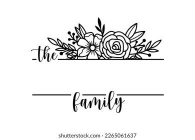 Hand lettering Family name monogram split monogram the family welcome home sign wedding floral ornament wreath border frame greeting card invitation