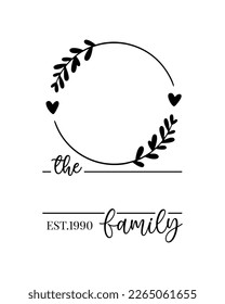 Hand lettering Family name monogram split monogram the family welcome home sign wedding floral ornament wreath border frame greeting card invitation