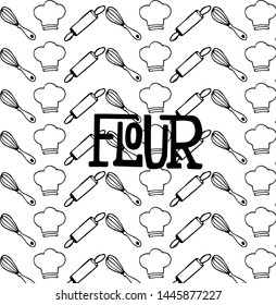 Hand lettering flour with rolling pin,  whisk and chefs hat.  Isolated vector pattern for flour packing design.