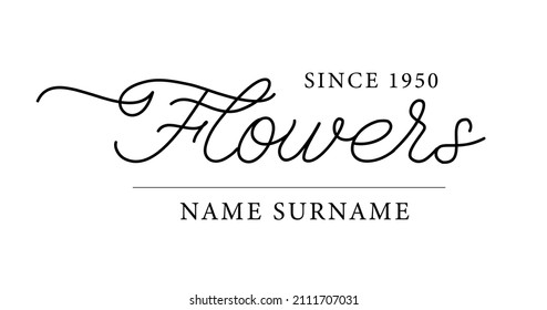 Hand lettering flowers logo. Vector illustration in trendy calligraphy line art style