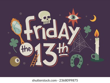 Hand lettering for friday the 13th. Vector illustrations separated on a dark background. Superstition and luck